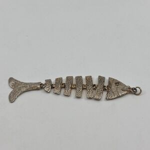 Articulated Fish Skeleton Pendant Silver Tone Nautical Statement Charm Vintage